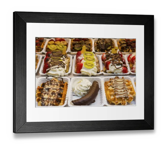 Framed Print : Belgian waffles and sweets, typical
