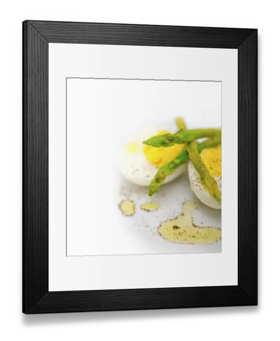 Framed Print : Boiled fresh green asparagus and eggs with extra virgin olive oil