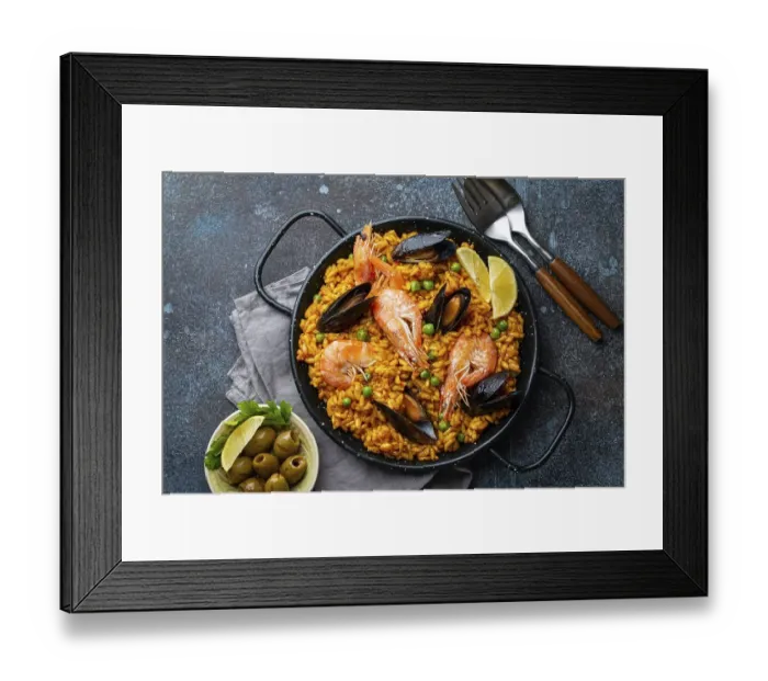 Framed Print : Classic dish of Spain, seafood paella in traditional pan on rustic blue concrete background top view Framed Print : Classic dish of Spain, seafood paella in traditional pan on rustic blue concrete background top view