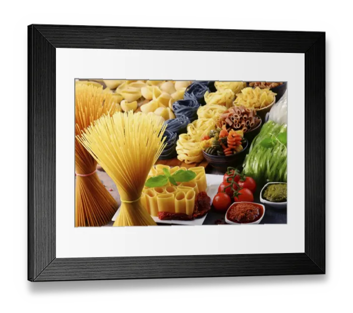 Framed Print : Composition with different sorts of pasta on kitchen table