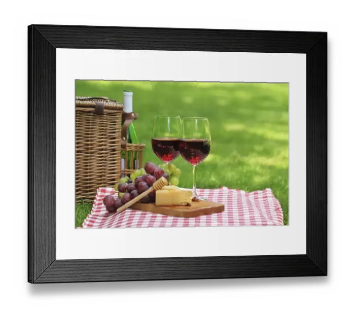 Framed Print : Various sorts of cheese, grapes and two glasses of the red wine