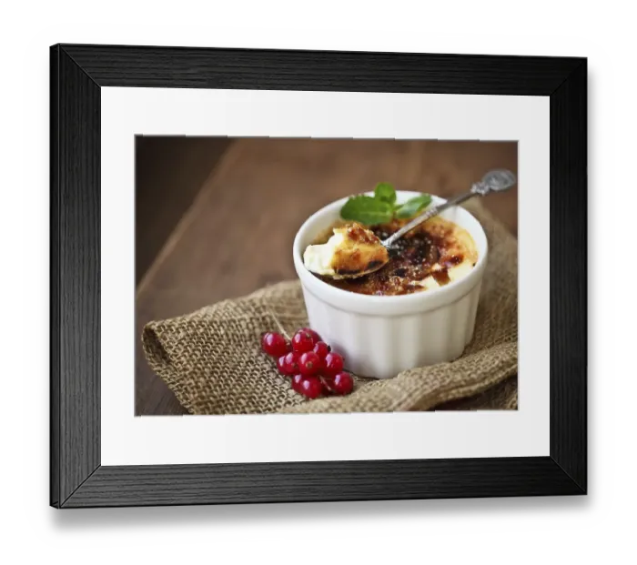 Framed Print : Creme brulee (cream brulee, burnt cream) with red currant and mint
