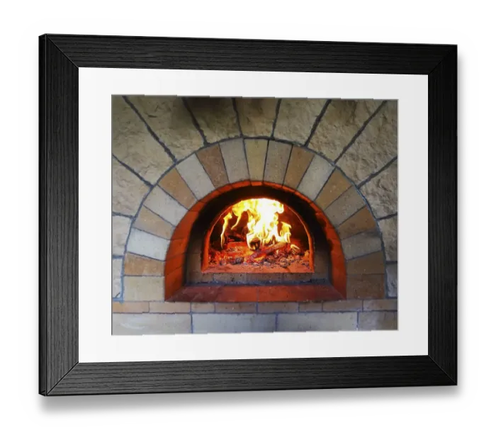 Framed Print : Burning firewood in traditional oven at restaurant kitchen