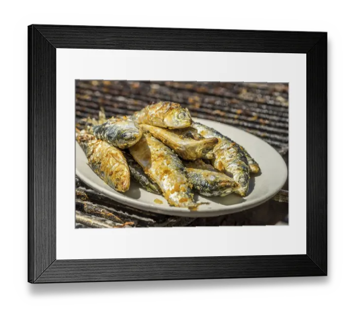 Framed Print : Barbecued sardines, traditional Portuguese food Framed Print : Barbecued sardines, traditional Portuguese food