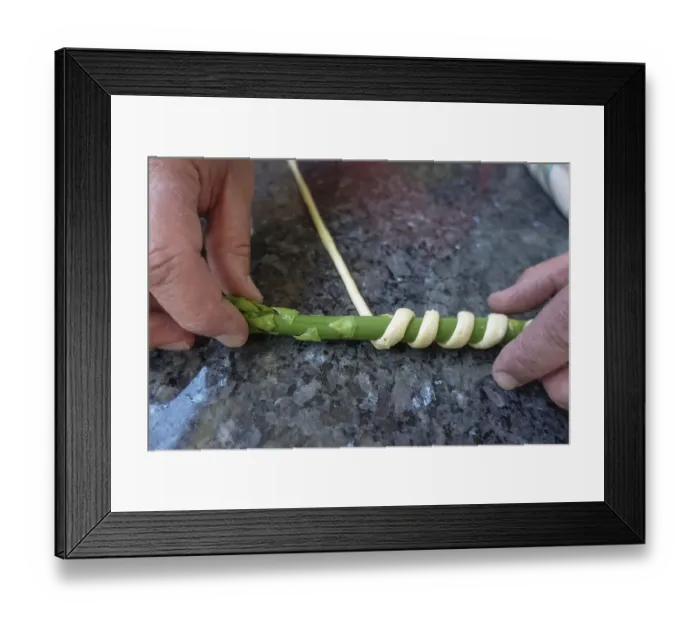 Framed Print : Southern German cuisine, preparation green asparagus in pretzel dough Framed Print : Southern German cuisine, preparation green asparagus in pretzel dough