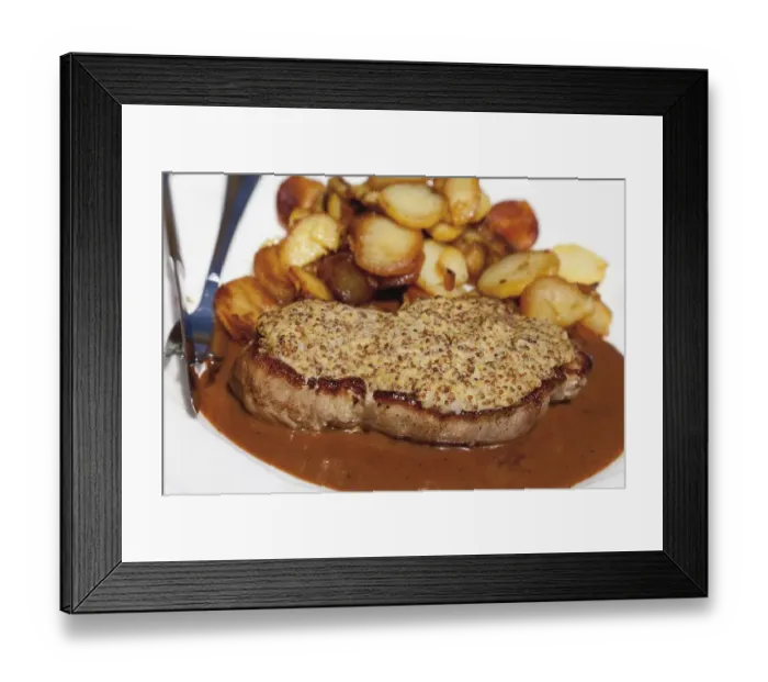 Framed Print : Roast pork with mustard crust and baked potatoes