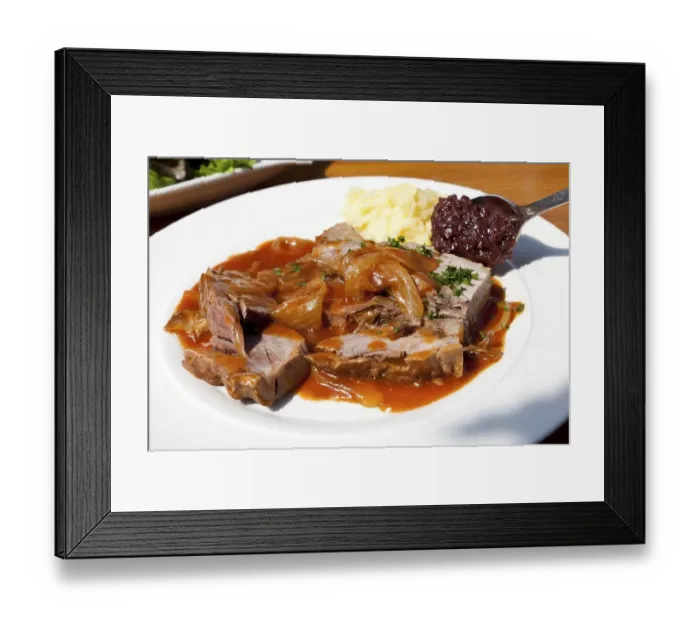 Framed Print : Roast pork with onion sauce, mashed potatoes and red cabbage