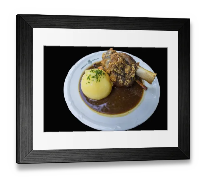 Framed Print : Oven-fresh Schaeuferle, knuckle of pork with potato dumpling