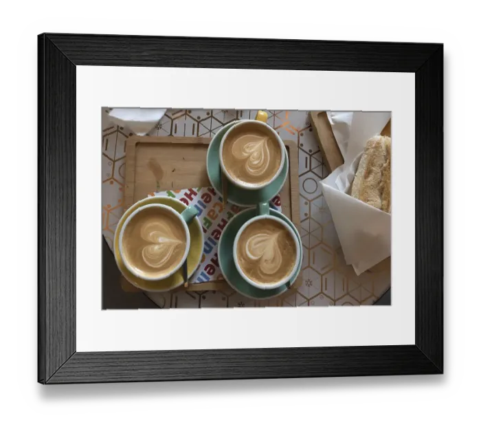 Framed Print : Three cappuccinos with heart in milk foam Framed Print : Three cappuccinos with heart in milk foam