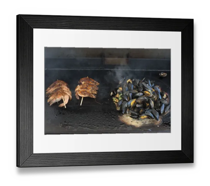Framed Print : Mytilus (Mytilus edulis) are prepared on a gas barbecue on a plancha