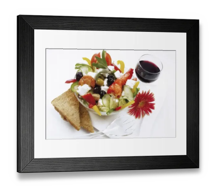 Framed Print : Fresh feta salad and a glass of red wine: Greek feta cheese