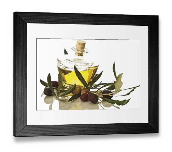 Framed Print : Green olives, olive leaves, olive oil bottle Framed Print : Green olives, olive leaves, olive oil bottle