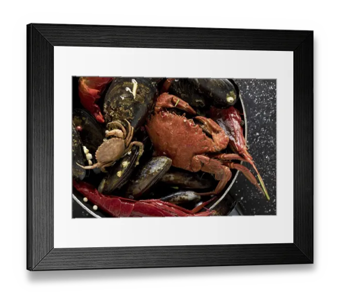 Framed Print : High angle of pan with crab and mussels Framed Print : High angle of pan with crab and mussels