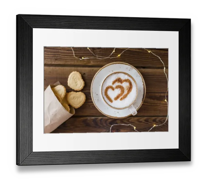 Framed Print : Top view coffee cup heart shaped cookies