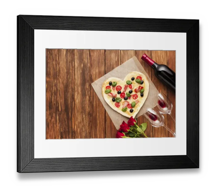 Framed Print : Flat lay romantic dinner table with pizza Framed Print : Flat lay romantic dinner table with pizza