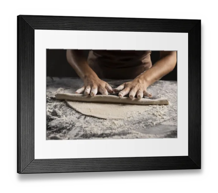 Framed Print : Chef rolling dough with lot flour table Framed Print : Chef rolling dough with lot flour table