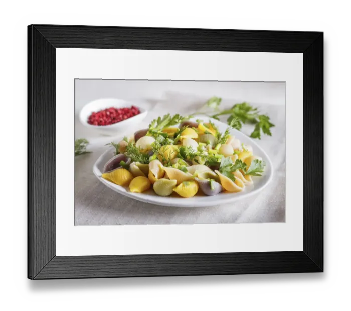 Framed Print : Conchiglie colored pasta with fresh greengrocery on a linen tablecloth on white wooden background Framed Print : Conchiglie colored pasta with fresh greengrocery on a linen tablecloth on white wooden background