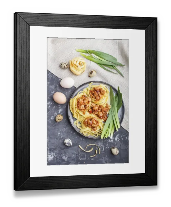 Framed Print : Tagliatelle bolognese pasta with minced meat on a black concrete background
