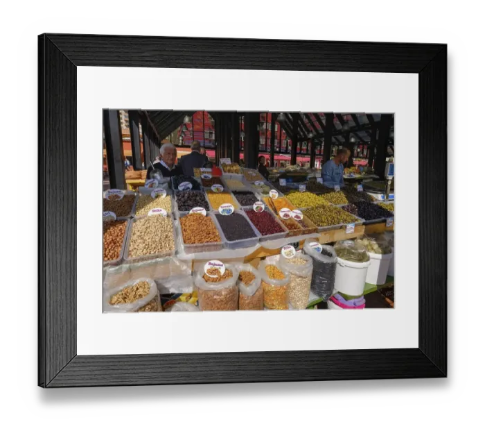 Framed Print : Market hall, stand with nuts, dried fruits and olives