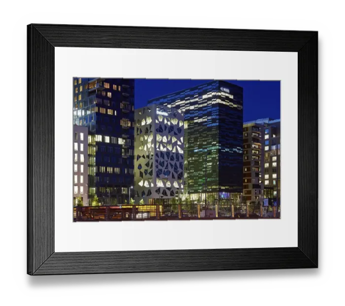 Framed Print : Barcode Project buildings at night