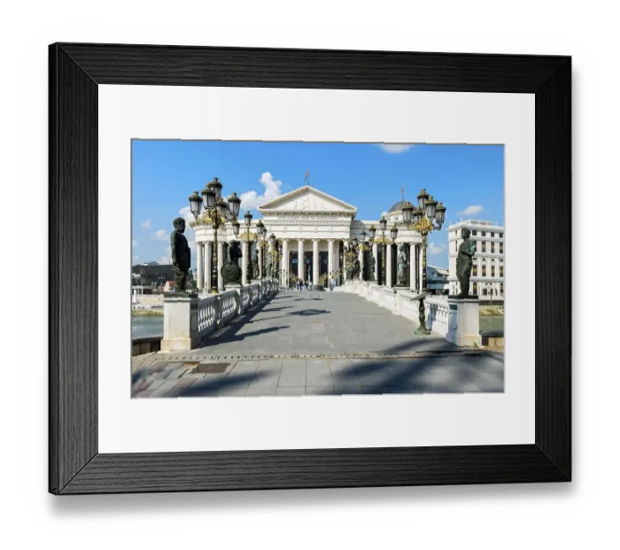 Framed Print : Archaeological Museum of Macedonia along the Vardar River and Eye Bridge Framed Print : Archaeological Museum of Macedonia along the Vardar River and Eye Bridge