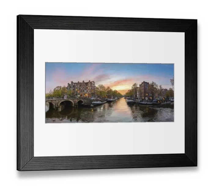 Framed Print : Amsterdam Netherlands, sunset panorama city skyline at canal waterfront
