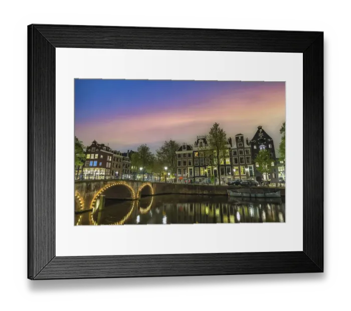 Framed Print : Amsterdam Netherlands, night city skyline of Dutch house at canal waterfront Framed Print : Amsterdam Netherlands, night city skyline of Dutch house at canal waterfront