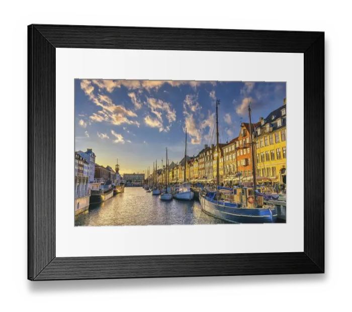Framed Print : Copenhagen Denmark, sunset city skyline at Nyhavn harbour with colourful house Framed Print : Copenhagen Denmark, sunset city skyline at Nyhavn harbour with colourful house