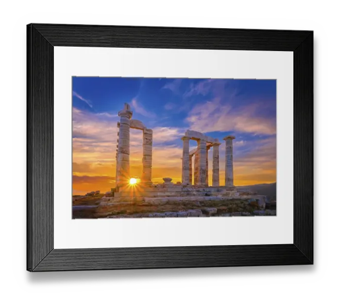 Framed Print : Beautiful sunset sky and ancient ruins of temple of Poseidon