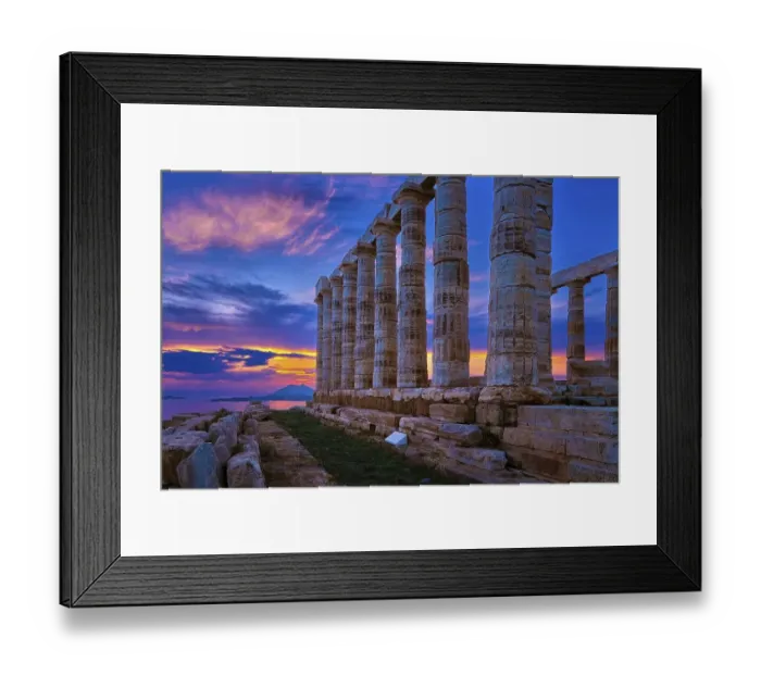 Framed Print : Beautiful sunset sky and ancient ruins of temple of Poseidon Framed Print : Beautiful sunset sky and ancient ruins of temple of Poseidon