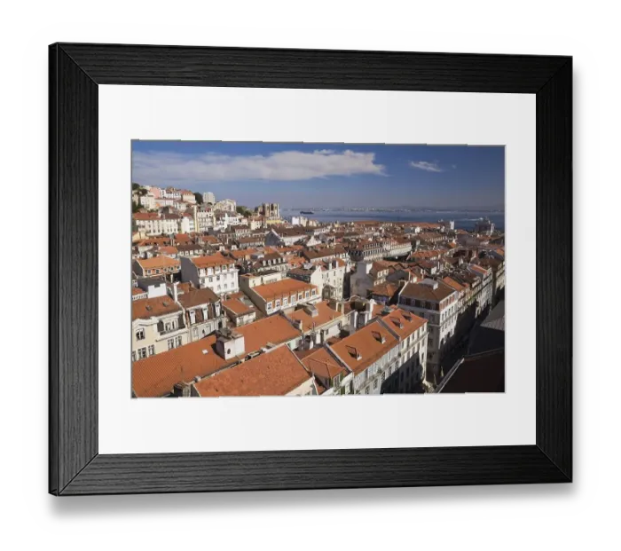 Framed Print : High angle view of buildings with traditional terracotta tiled rooftops in old Lisbon from Santa Justa elevator