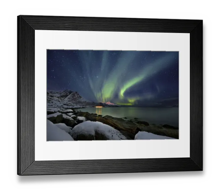Framed Print : Aurora over fjord with snowy mountains