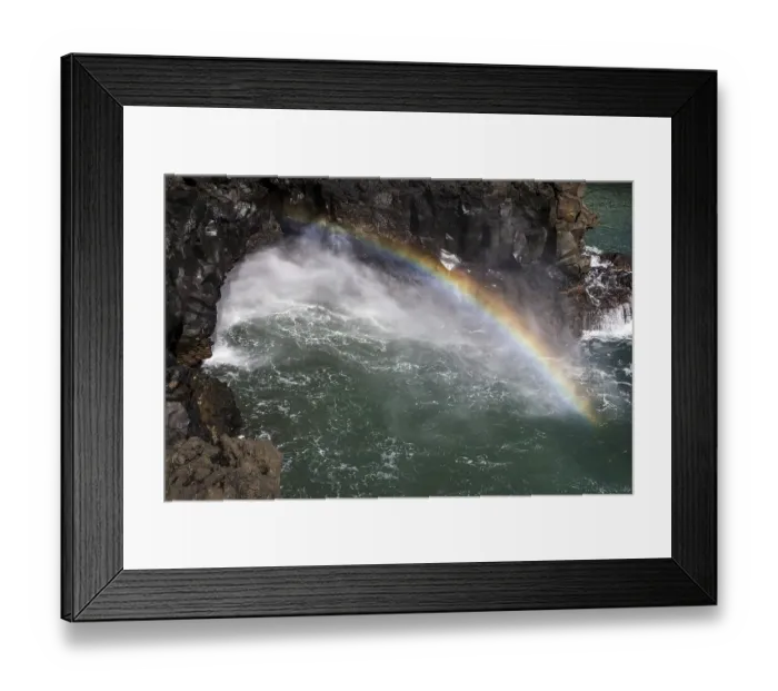 Framed Print : Whale's Cave, spray with rainbow