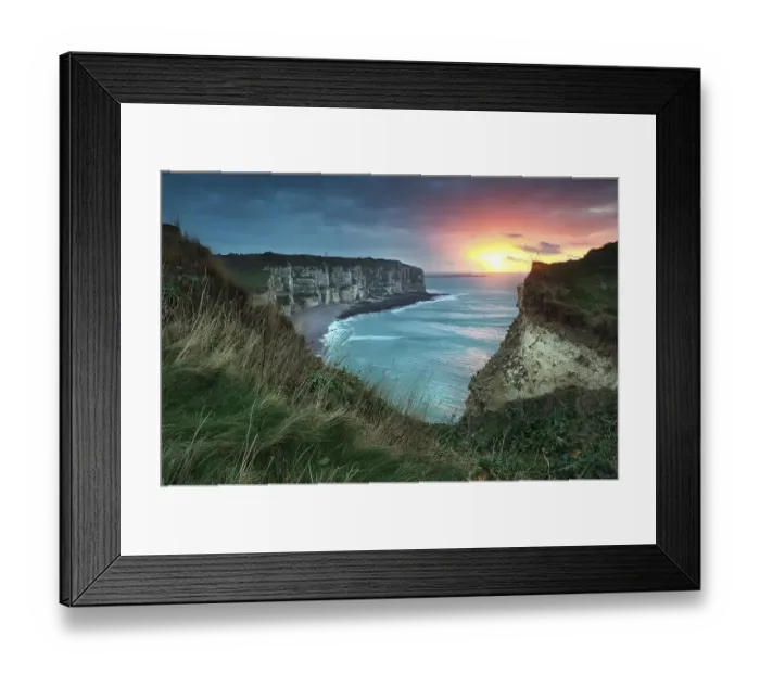 Framed Print : Warm sunset over cliffs and ocean Framed Print : Warm sunset over cliffs and ocean