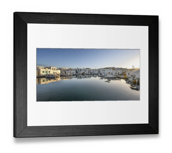 Framed Print : Fishing boats in the harbour of Naoussa at sunset
