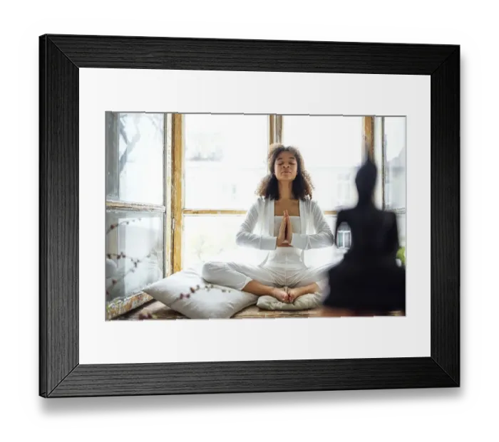 Framed Print : Young adult happy fit slim healthy African American ethnic woman wearing white clothes sitting in yoga pose at home in