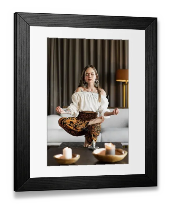 Framed Print : Full shot woman meditating inside