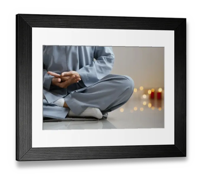 Framed Print : Front view woman meditating candles Framed Print : Front view woman meditating candles