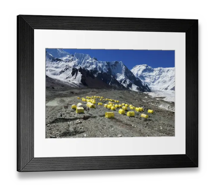 Framed Print : Aerial view of the Khan Tengri Base Camp installed on the Engilcheck glacier moraine