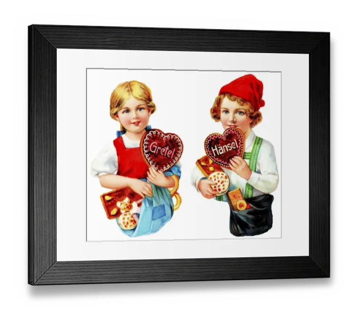 Framed Print : Historical illustration, Hansel and Gretel with gingerbread hearts Framed Print : Historical illustration, Hansel and Gretel with gingerbread hearts