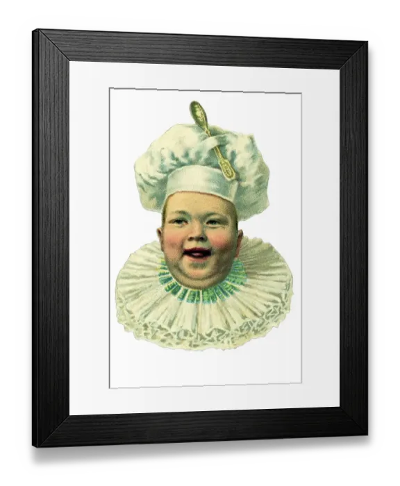 Framed Print : Historical illustration, laughing baby's head with chef's hat