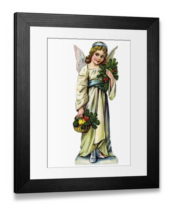 Framed Print : Nostalgic illustration, child-angel with basket and fir branches