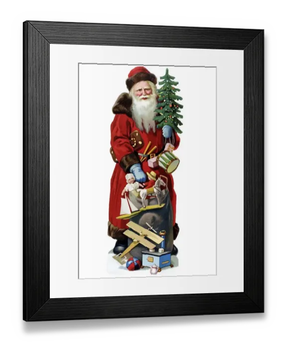 Framed Print : Nostalgic illustration, Father Christmas in a red coat with presents and a Christmas tree