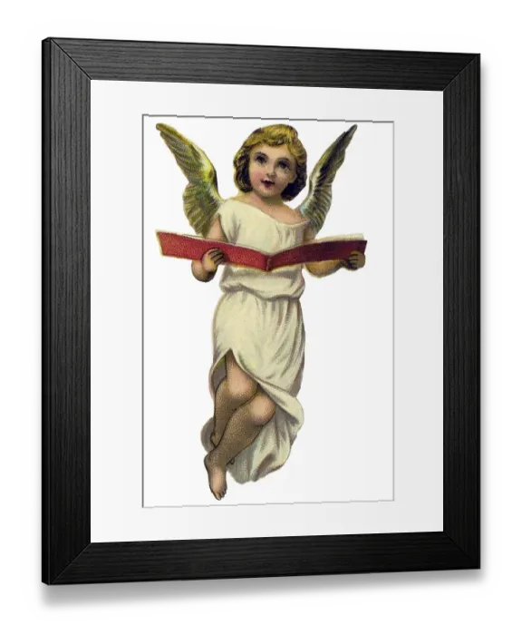 Framed Print : Nostalgic illustration, hovering child-angel in a white dress holding a book Framed Print : Nostalgic illustration, hovering child-angel in a white dress holding a book