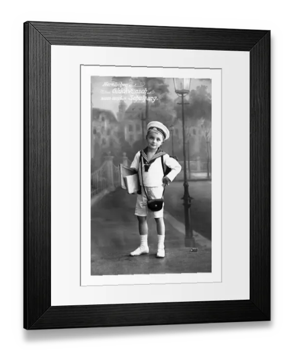 Framed Print : Historical greetings card, boy with school satchel and writing tablet in a sailor suit