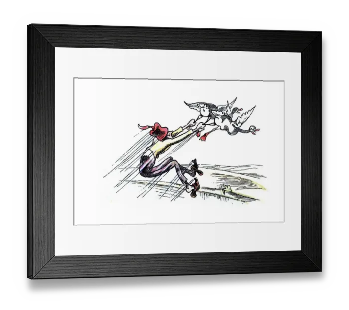 Framed Print : Book illustration, Boeck the tailor being pulled out of the water by geese