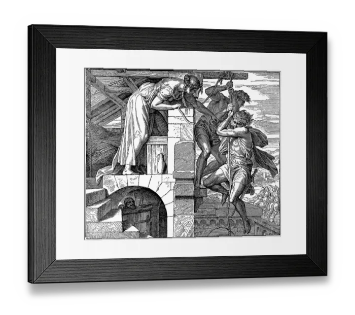 Framed Print : Woodcut, Rahab rescues two Israeli scouts