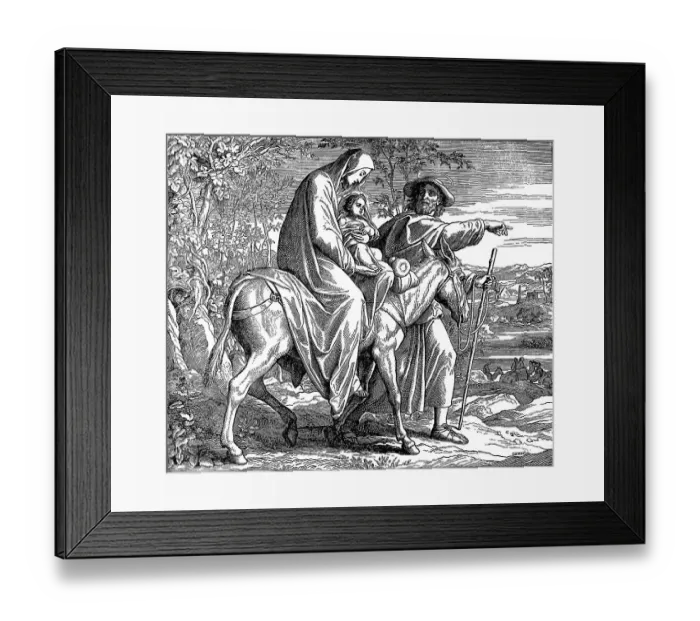 Framed Print : Woodcut, the escape to Egypt, Gospel of Matthew Framed Print : Woodcut, the escape to Egypt, Gospel of Matthew