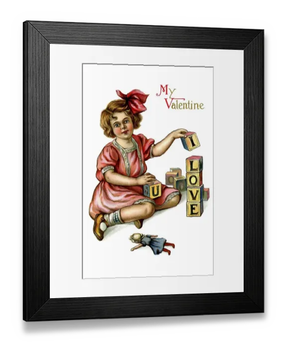 Framed Print : Girl with letter cubes, My Valentine I love You Framed Print : Girl with letter cubes, My Valentine I love You