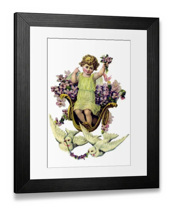Framed Print : Historical illustration, child angel holding a bunch of violets